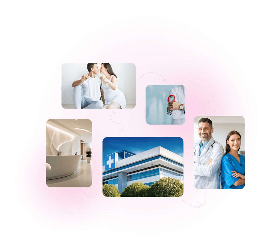Kolaż zdjęć: recepcji, szpitala, lekarzy oraz uśmiechnietej pary